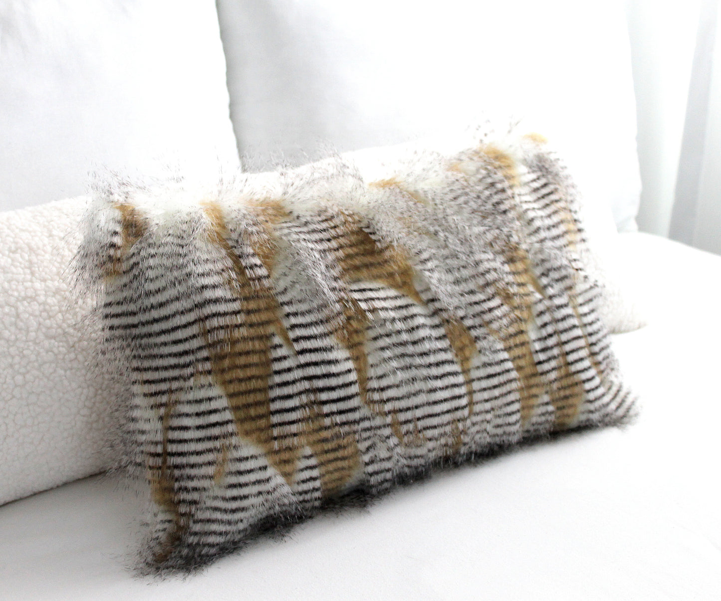 Gold White Pheasant Faux Fur Lumbar Pillow Cover - Custom Backing Color