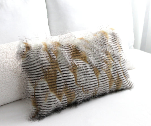 Gold White Pheasant Faux Fur Pillow Cover - Custom Backing Color