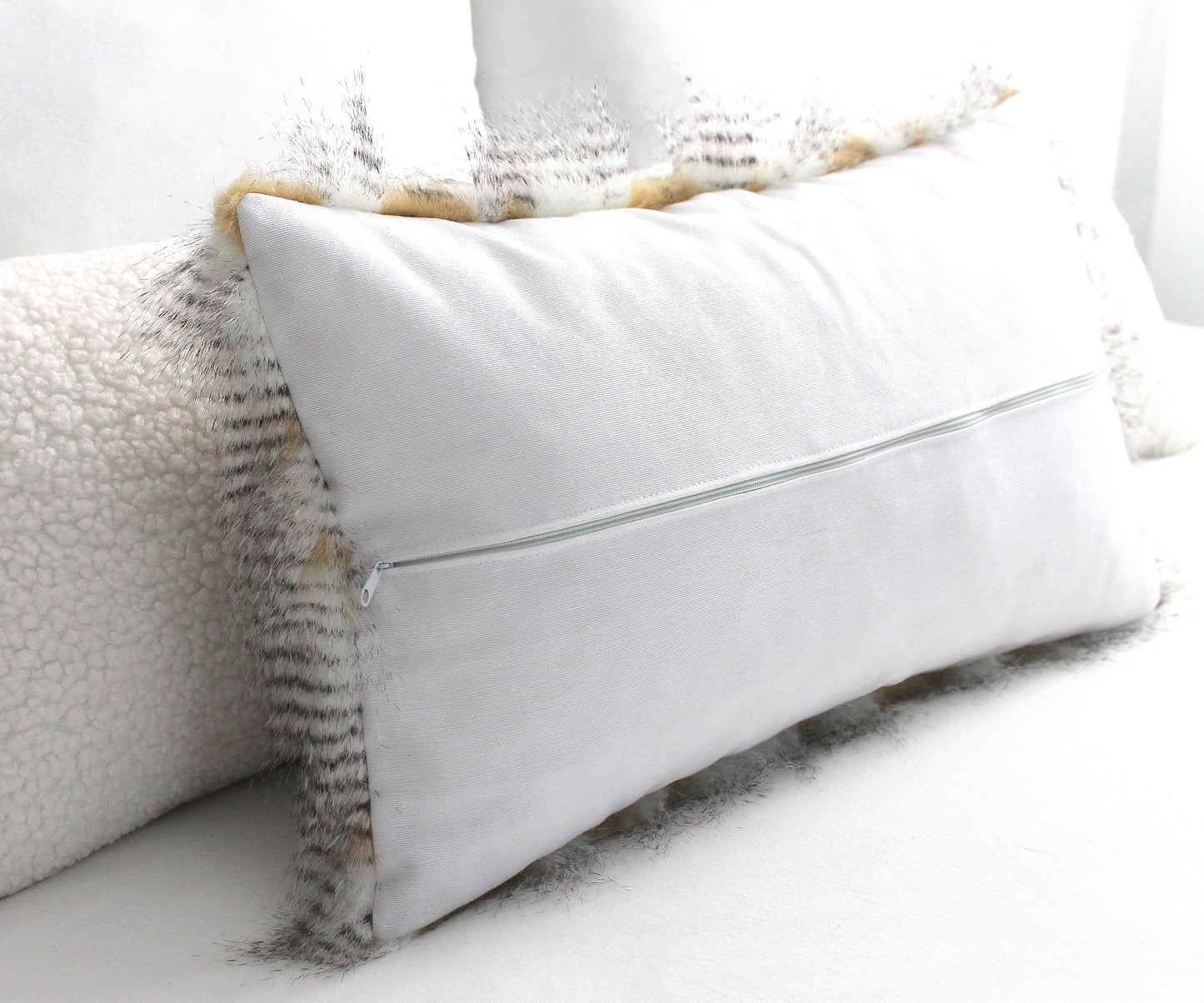 Gold White Pheasant Faux Fur Lumbar Pillow Cover - Custom Backing Color