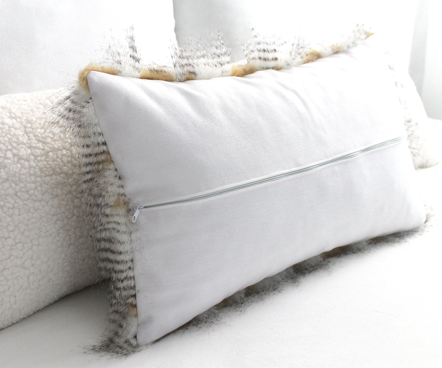 Gold White Pheasant Faux Fur Pillow Cover - Custom Backing Color