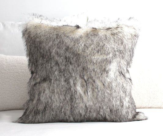 Siberian Wolf Faux Fur Lumbar Pillow Cover - Custom Backing Color