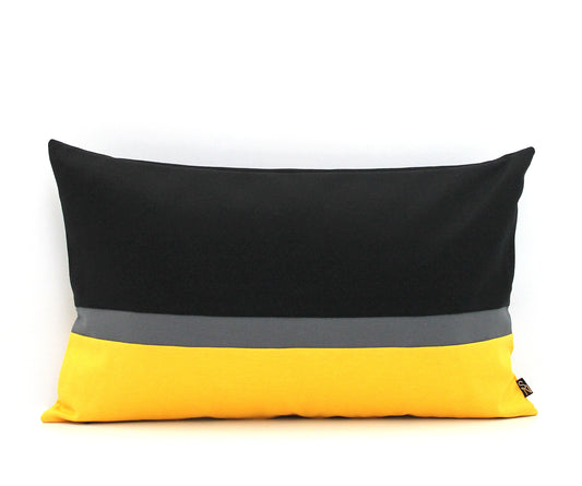 Black and Charcoal Blue and Yellow Color Block Pillow Cover