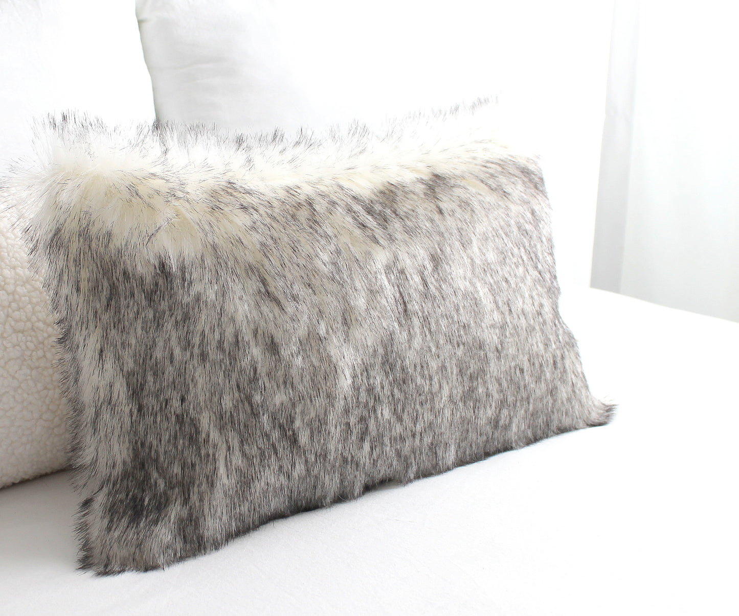 Siberian Wolf Faux Fur Lumbar Pillow Cover - Custom Backing Color