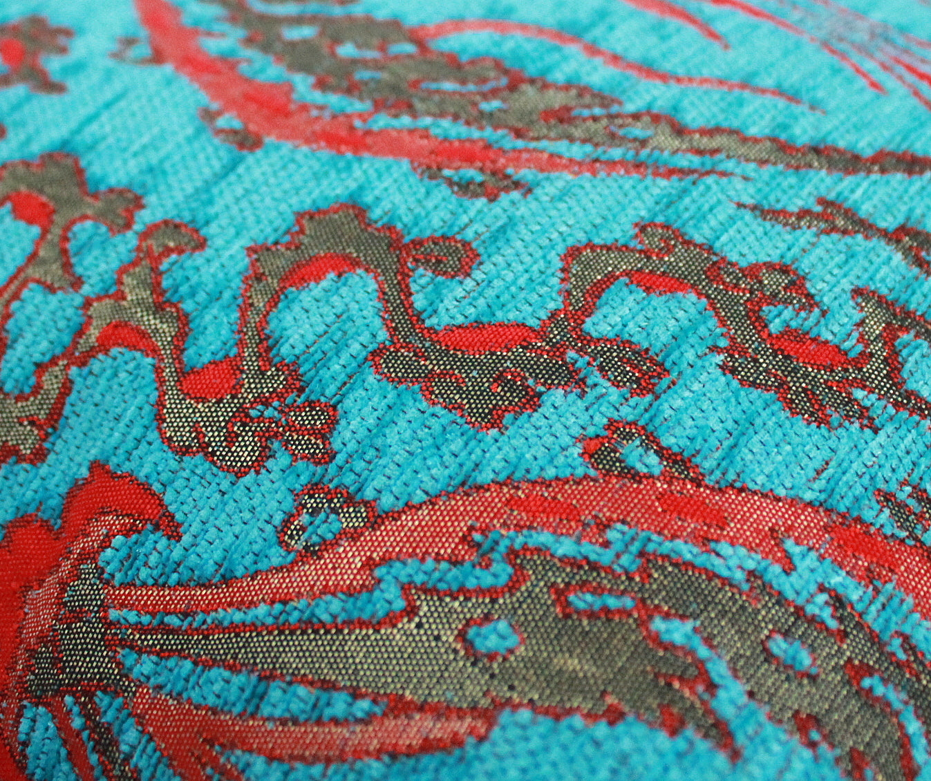 Heavy duty woven turquoise corduroy/velvet with gold detailing, the fabric used for this turquoise blue is of very high quality and carries a very rich feel.