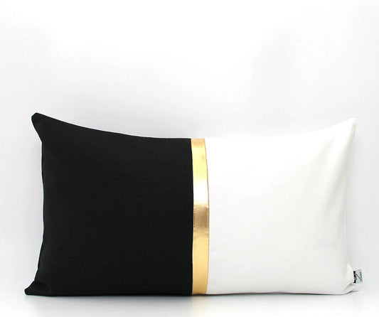 Black, white and Metallic Gold Colorblock Pillow Cover - Custom Metallic Stripe Color