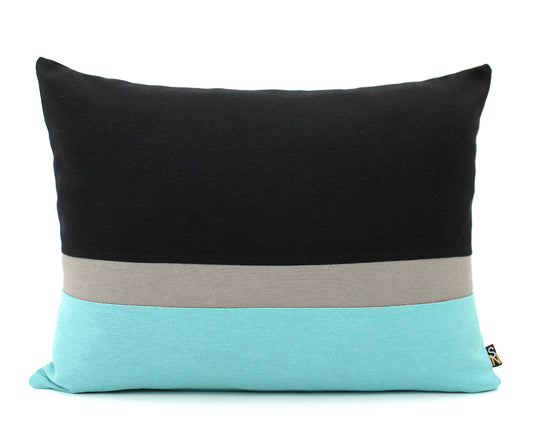 Black, Dark Grey and Light Teal Color Block Pillow Cover