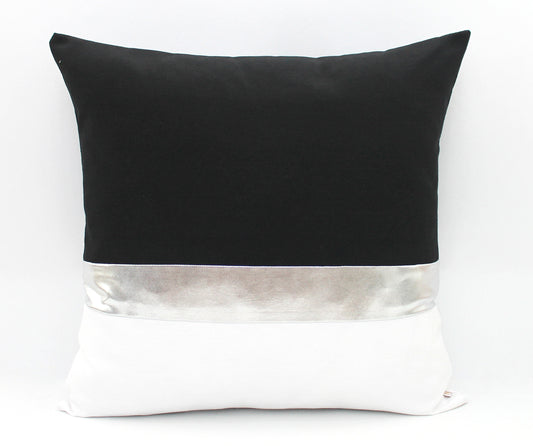 Black, white and Metallic Silver Colorblock Pillow Cover - Custom Metallic Stripe Color