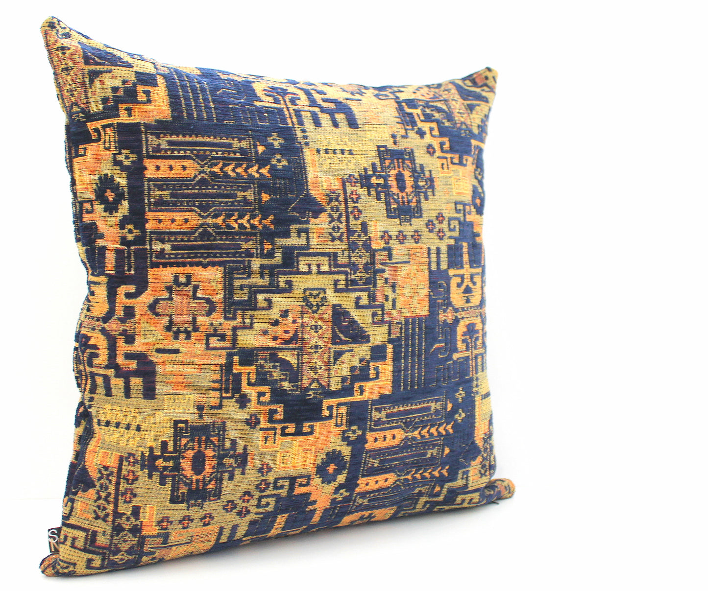 Dark Blue Turkish Kilim Lumbar Pillow Cover - Antique Looking - Luxurious Boho Throw