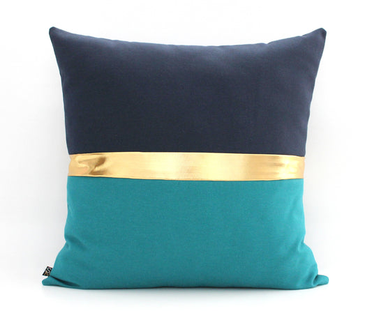 Dark Teal, Navy Blue and Gold Colorblock Pillow Cover - All Sizes, Custom Metallic Stripe Color