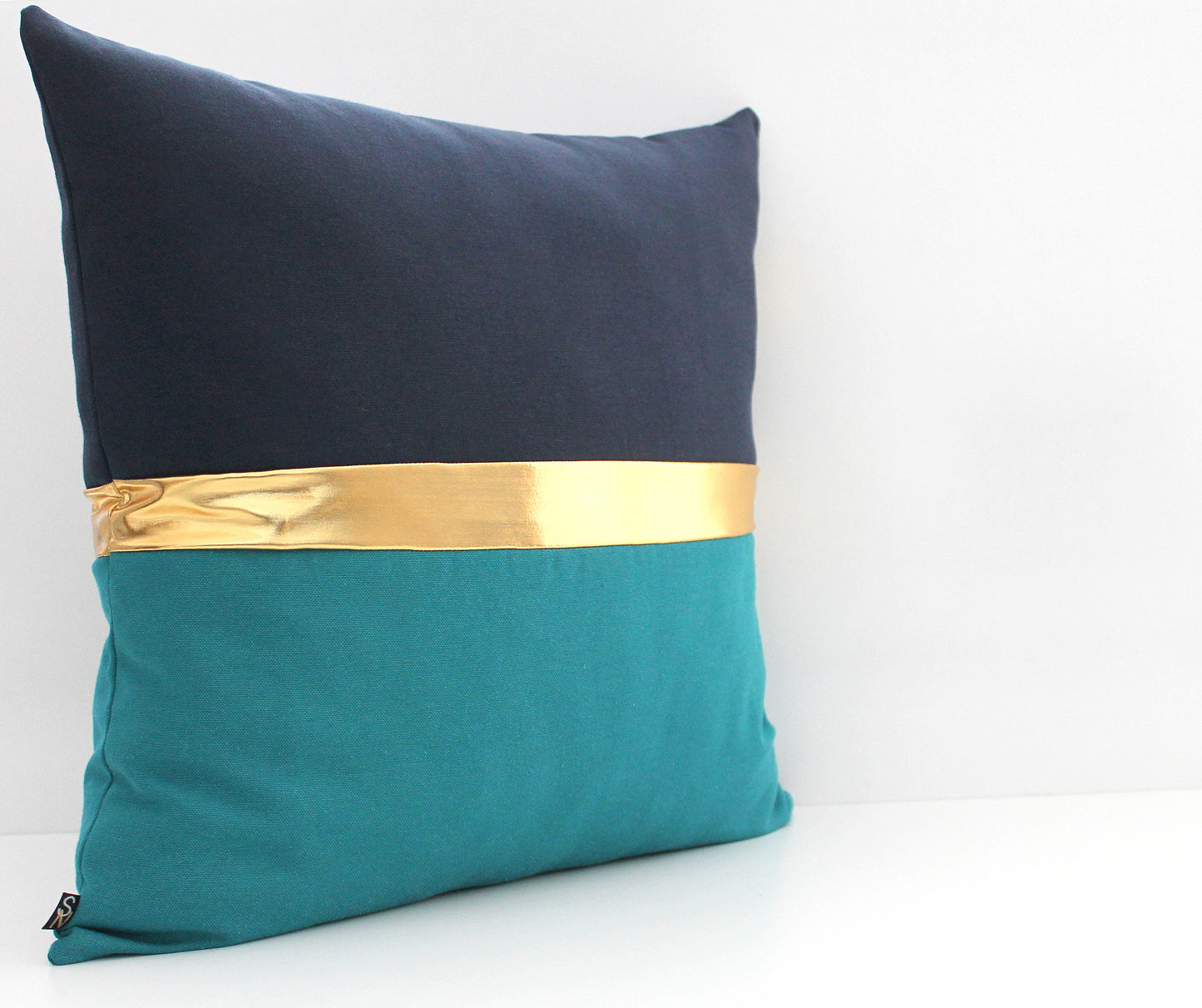 Dark Teal, Navy Blue and Gold Colorblock Pillow Cover - All Sizes, Custom Metallic Stripe Color