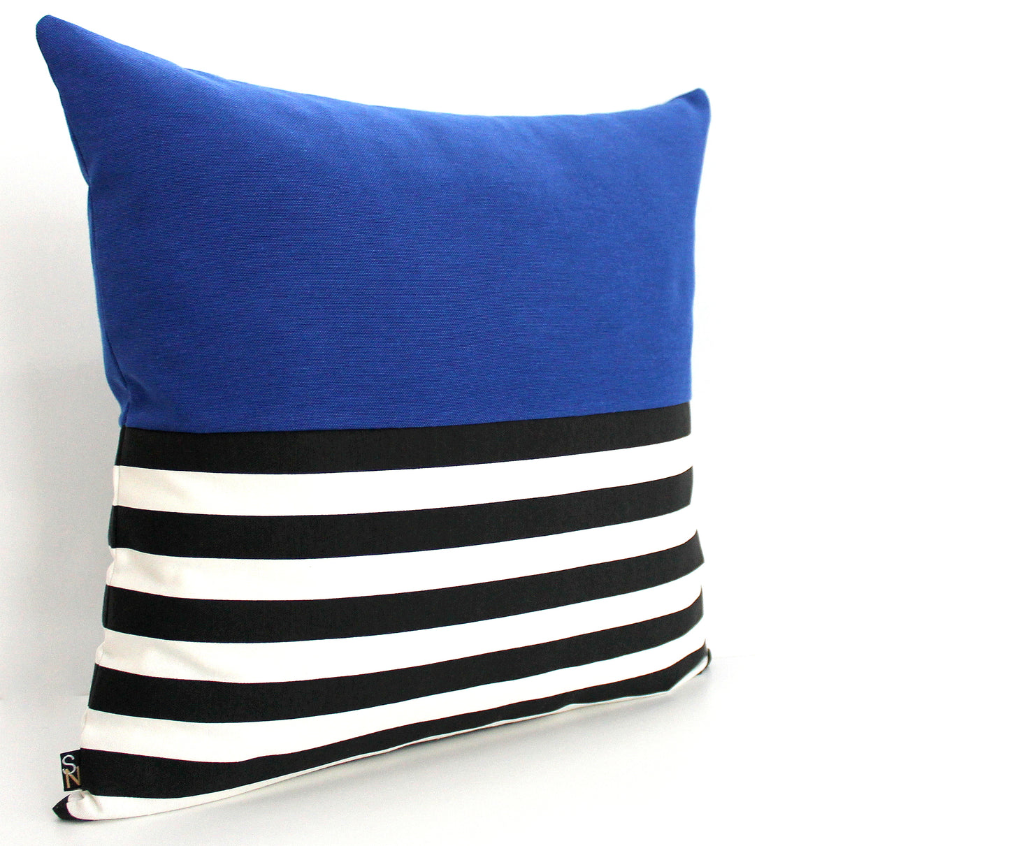 Cobalt Blue, Black and White Stripe Colorblock Pillow Cover