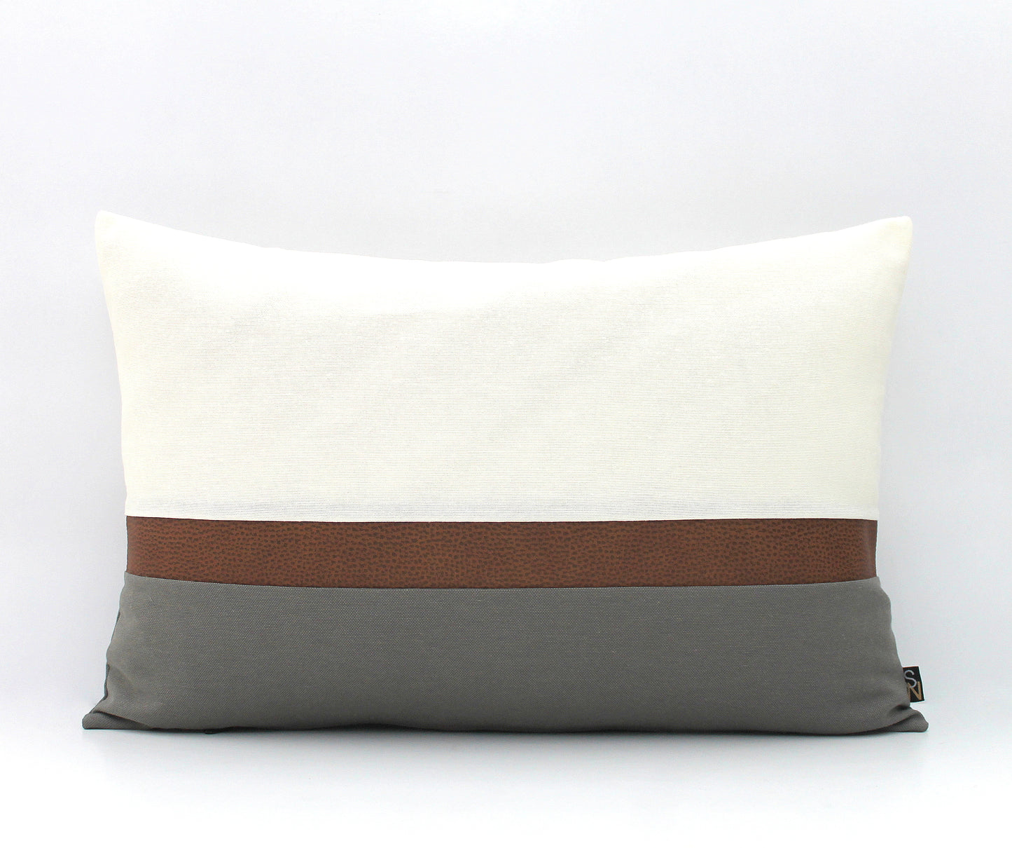 Cream, Grey and Brown Faux Leather Colorblock Pillow Cover