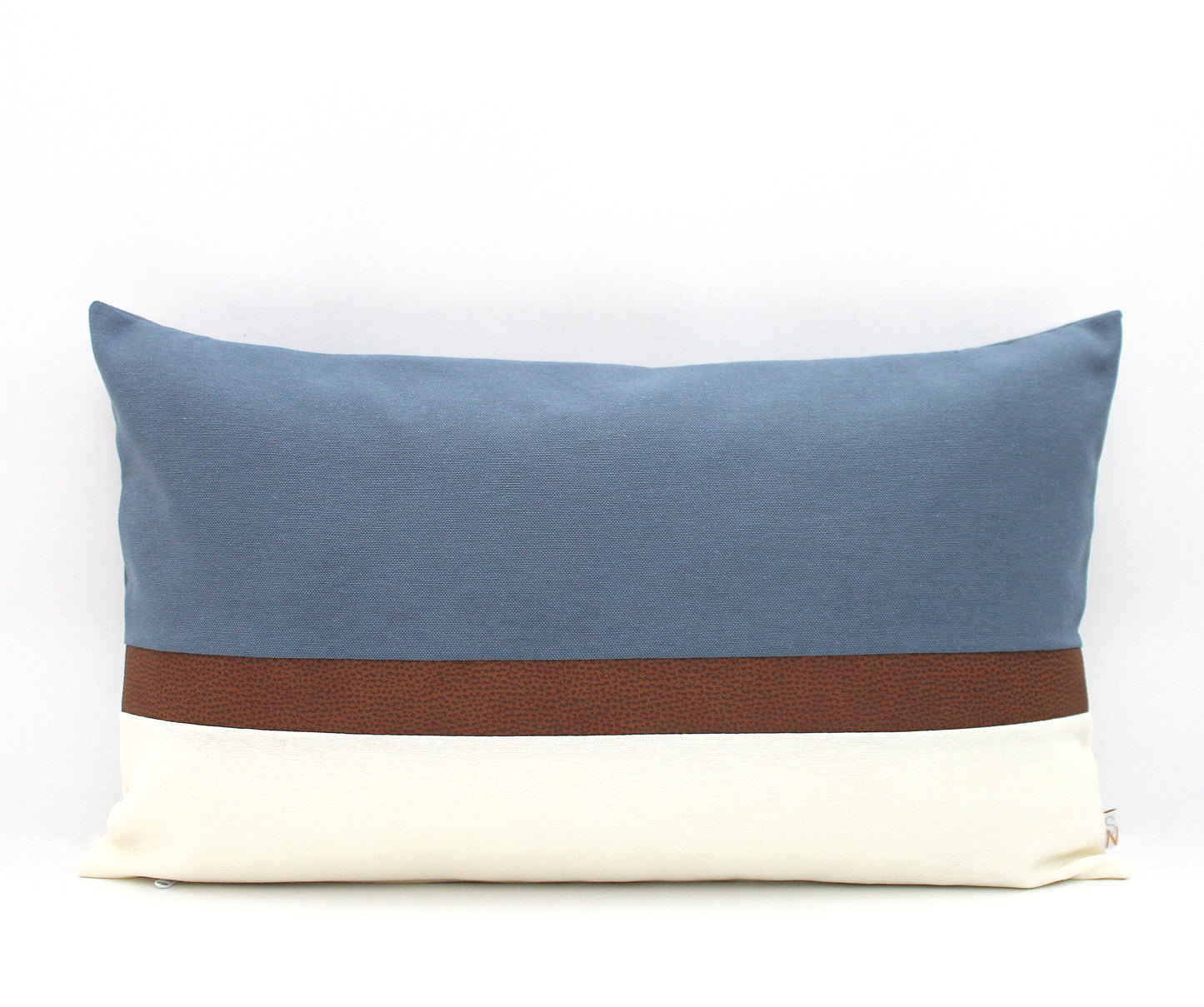 Blue Stone, Cream and Brown Faux Leather Colorblock Pillow Cover