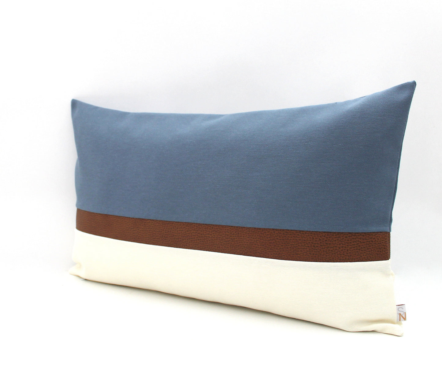 Blue Stone, Cream and Brown Faux Leather Colorblock Pillow Cover