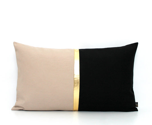 Stone, Black and Metallic Gold Colorblock Lumbar Pillow Cover