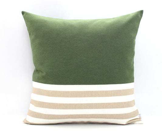 Olive Green With Beige and Off-White Stripes Colorblock Pillow Cover