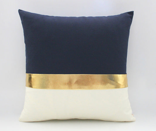 Navy Blue, Cream and Metallic Gold Colorblock Pillow Cover - Custom Metallic Stripe Color