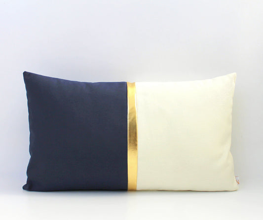 Navy Blue, Cream and Metallic Gold Colorblock Lumbar Pillow Cover