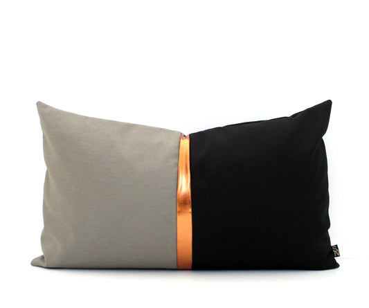 Dark Grey, Black and Copper Colorblock Lumbar  Pillow Cover - Custom Metallic Stripe Color