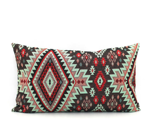 Black and Red Turkish Kilim Lumbar Pillow Cover