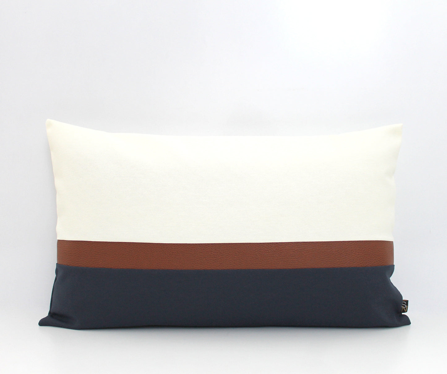 Cream, Navy Blue and Brown Faux Leather Colorblock Lumbar Pillow Cover - Custom Colors