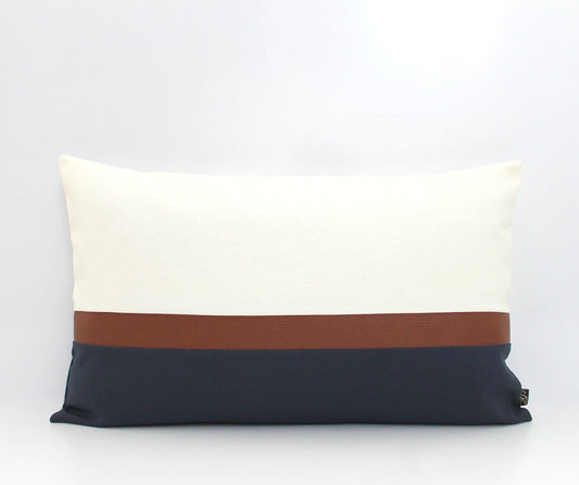 Cream, Navy Blue and Brown Faux Leather Colorblock Lumbar Pillow Cover - Custom Colors