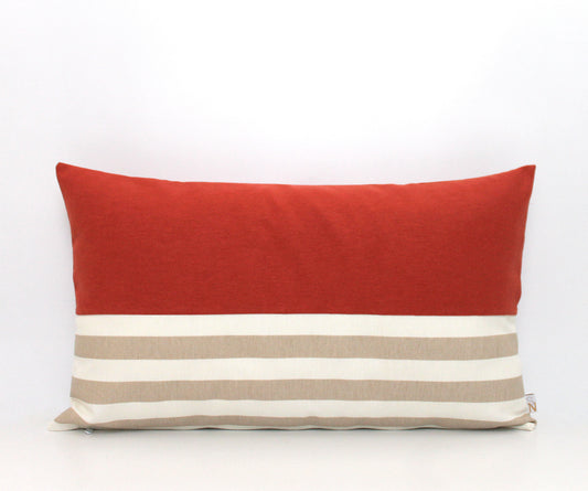 Rust with Beige and Off-White Stripes Colorblock Lumbar Pillow Cover