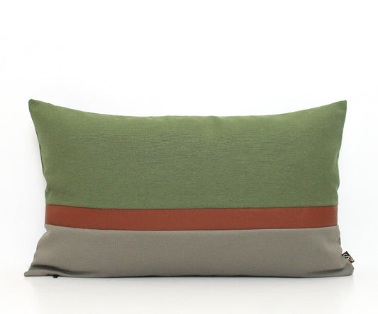 Olive Green, Dark Grey and Brown Faux Leather Colorblock Pillow Cover - All Sizes