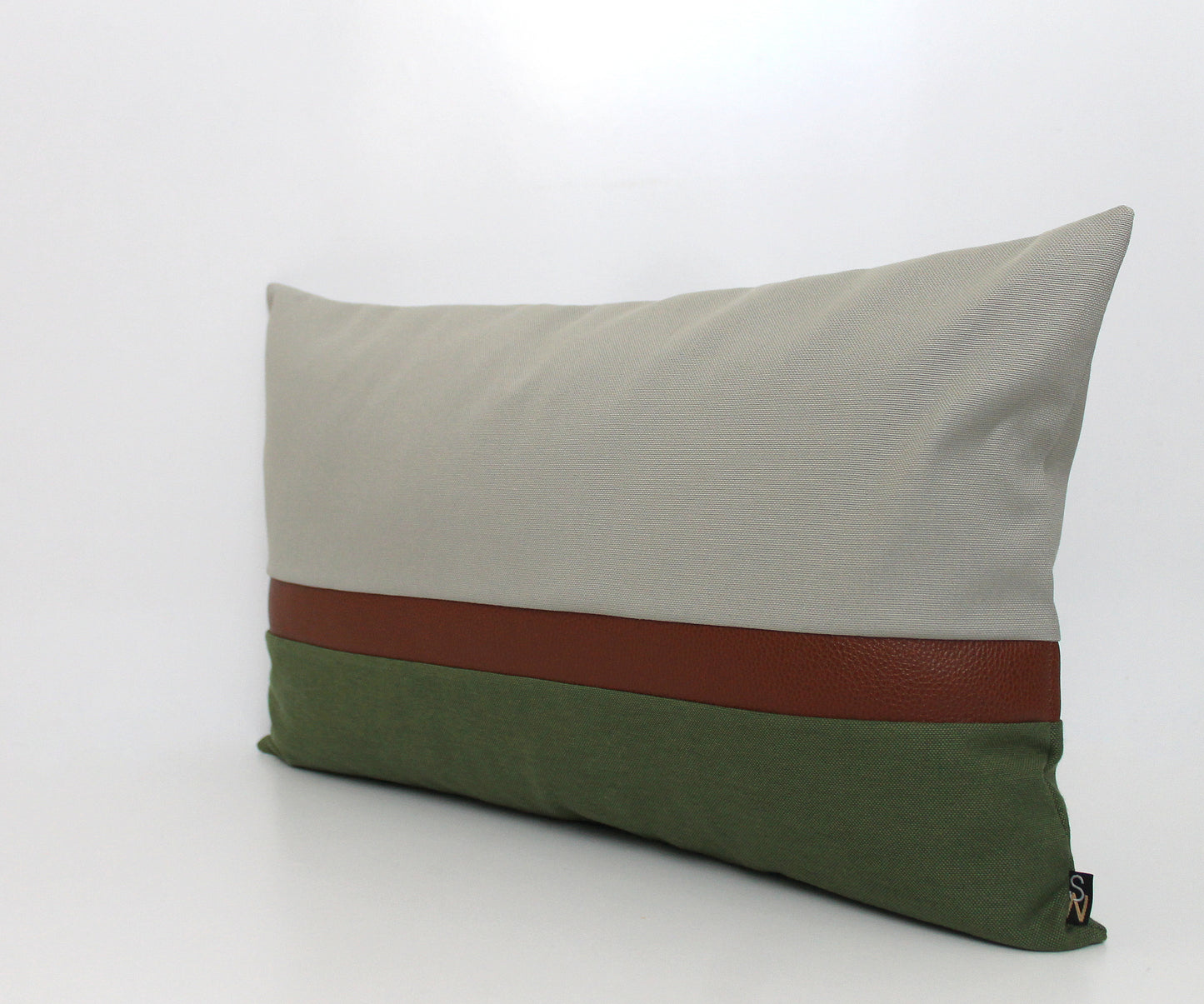 Olive Green, Light Grey and Brown Faux Leather Colorblock Pillow Cover - All Sizes