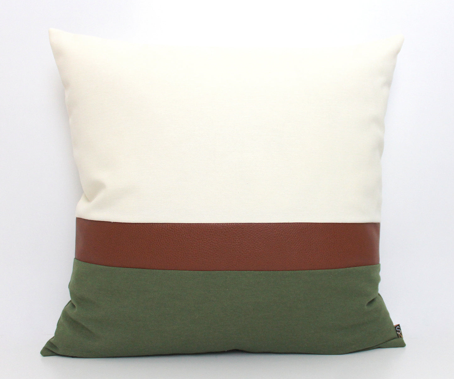 Olive Green, Cream and Brown Faux Leather Customizable Colorblock Pillow Cover - All Sizes