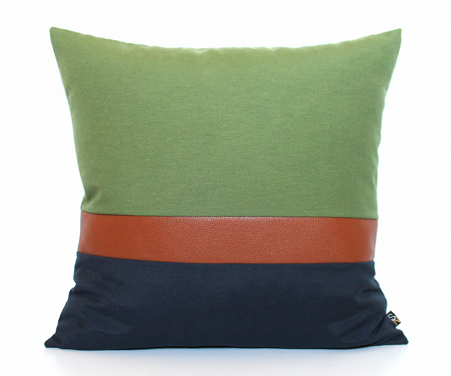 Olive Green, Navy Blue and Brown Faux Leather Colorblock Pillow Cover - All Sizes