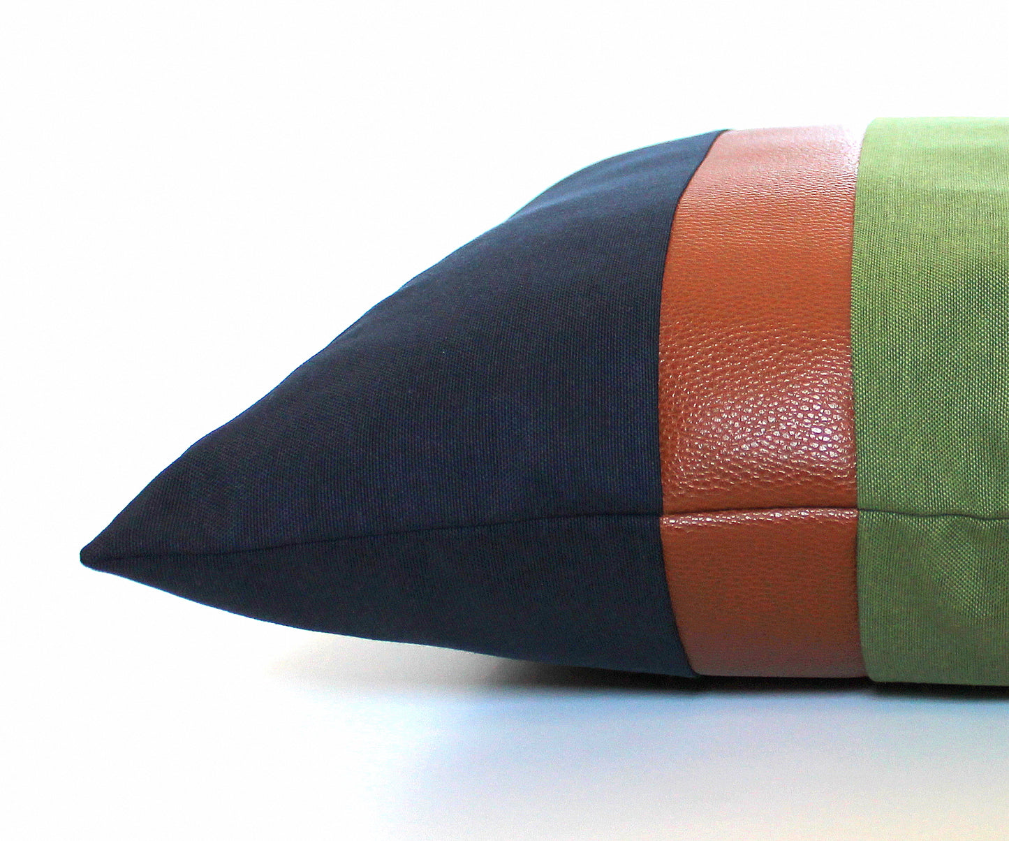 Olive Green, Navy Blue and Brown Faux Leather Colorblock Pillow Cover - All Sizes