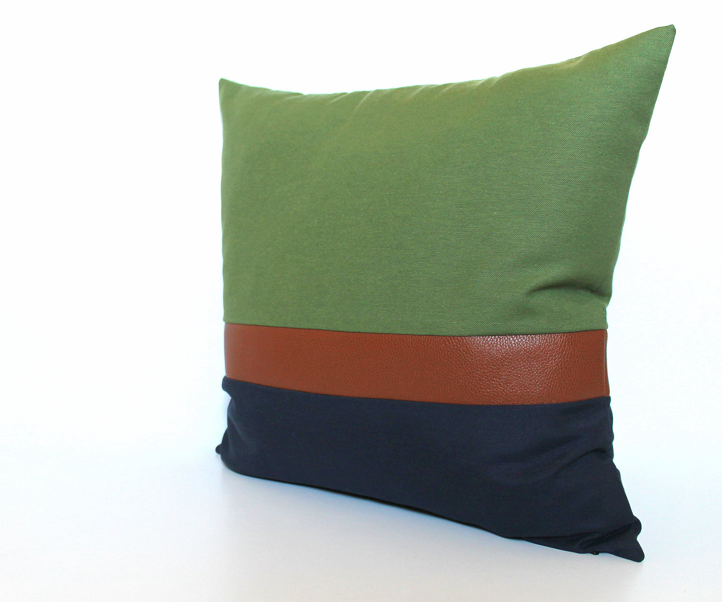 Olive Green, Navy Blue and Brown Faux Leather Colorblock Pillow Cover - All Sizes