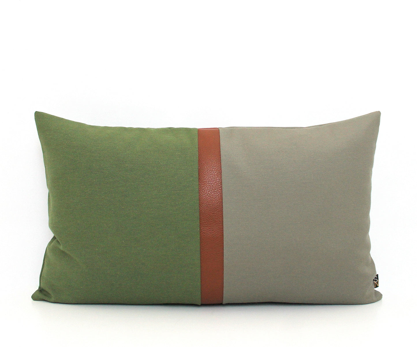 Olive Green, Dark Grey and Brown Faux Leather Colorblock Lumbar Pillow Cover