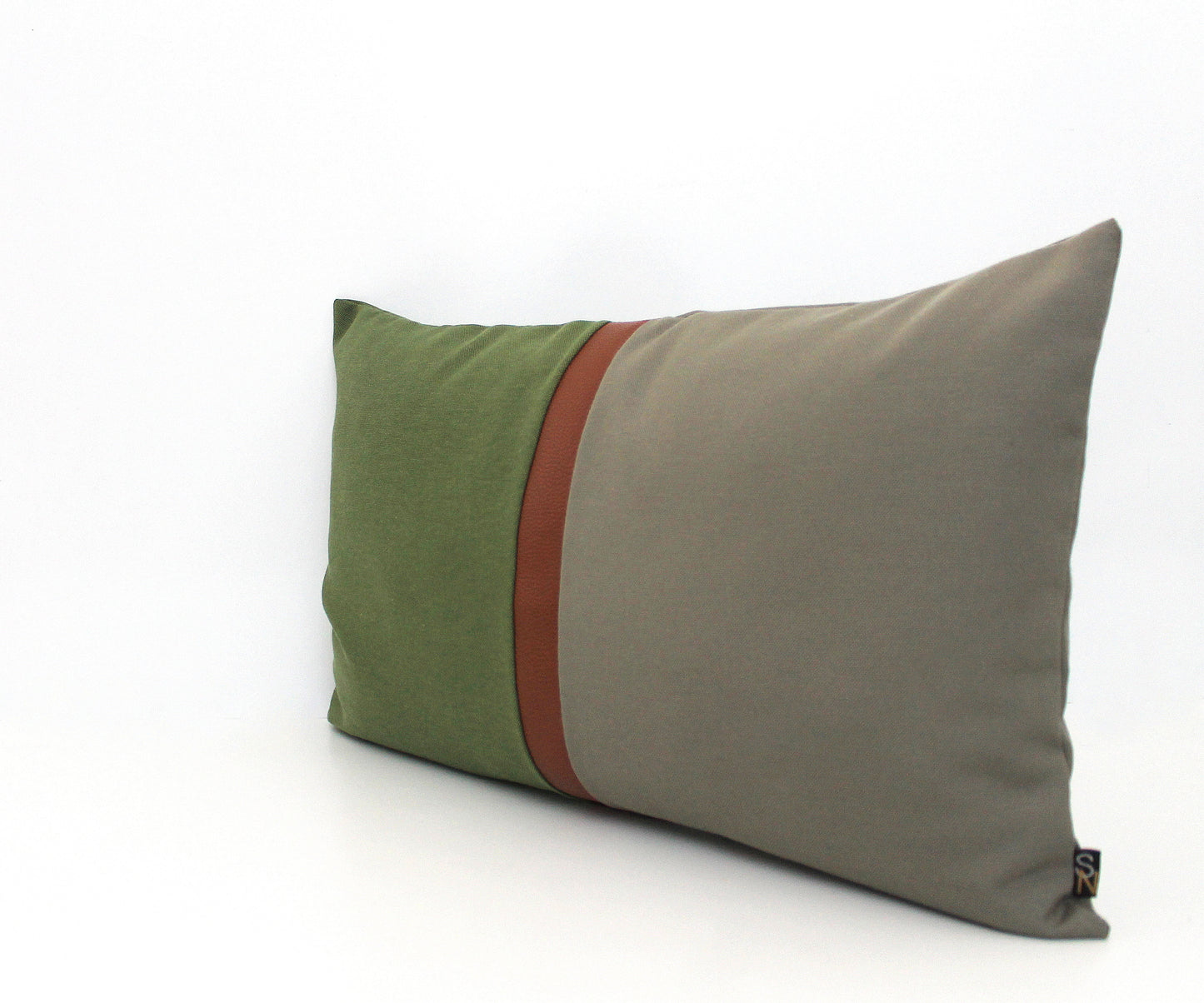 Olive Green, Dark Grey and Brown Faux Leather Colorblock Lumbar Pillow Cover