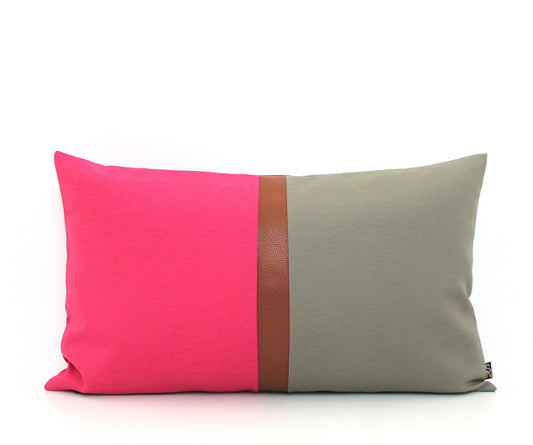 Magenta Pink, Dark Grey and Brown Faux Leather Colorblock Lumbar Pillow Cover