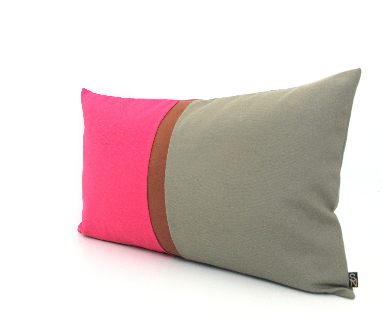 Magenta Pink, Dark Grey and Brown Faux Leather Colorblock Lumbar Pillow Cover