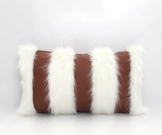 Cream and Brown Textured Faux Fur / Leather Pillow Cover