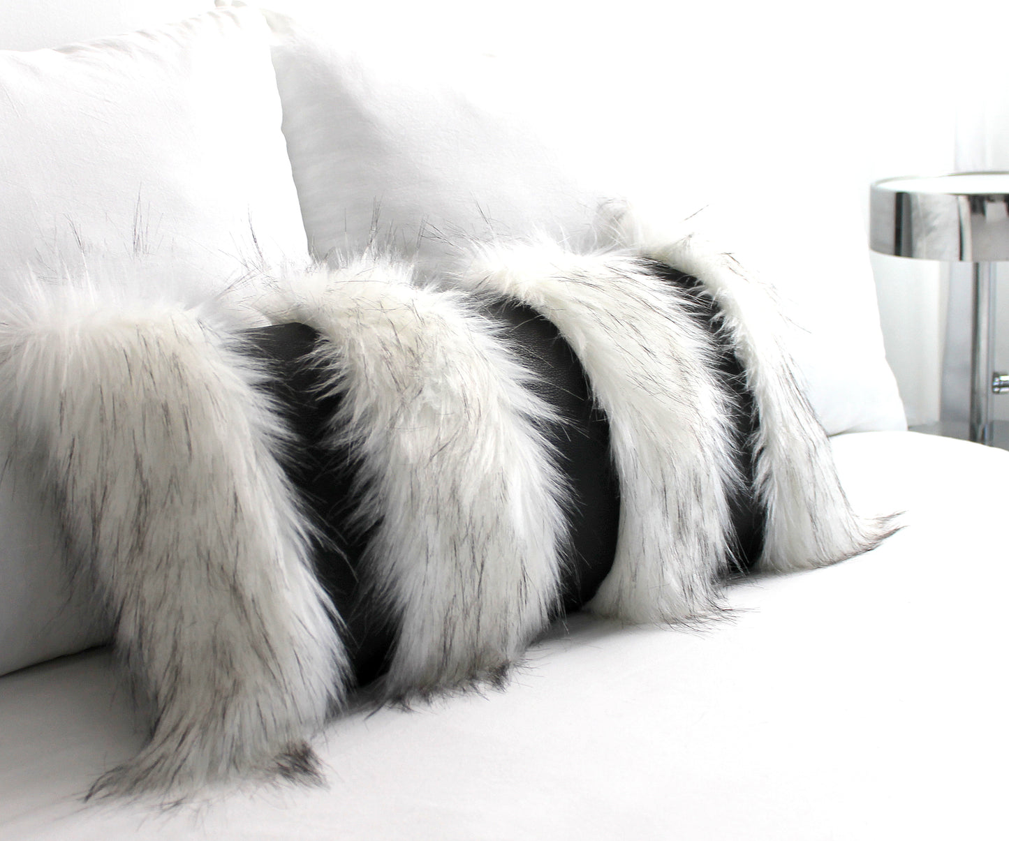 Snow Fox and Black Textured Faux Fur / Faux Leather Pillow Cover