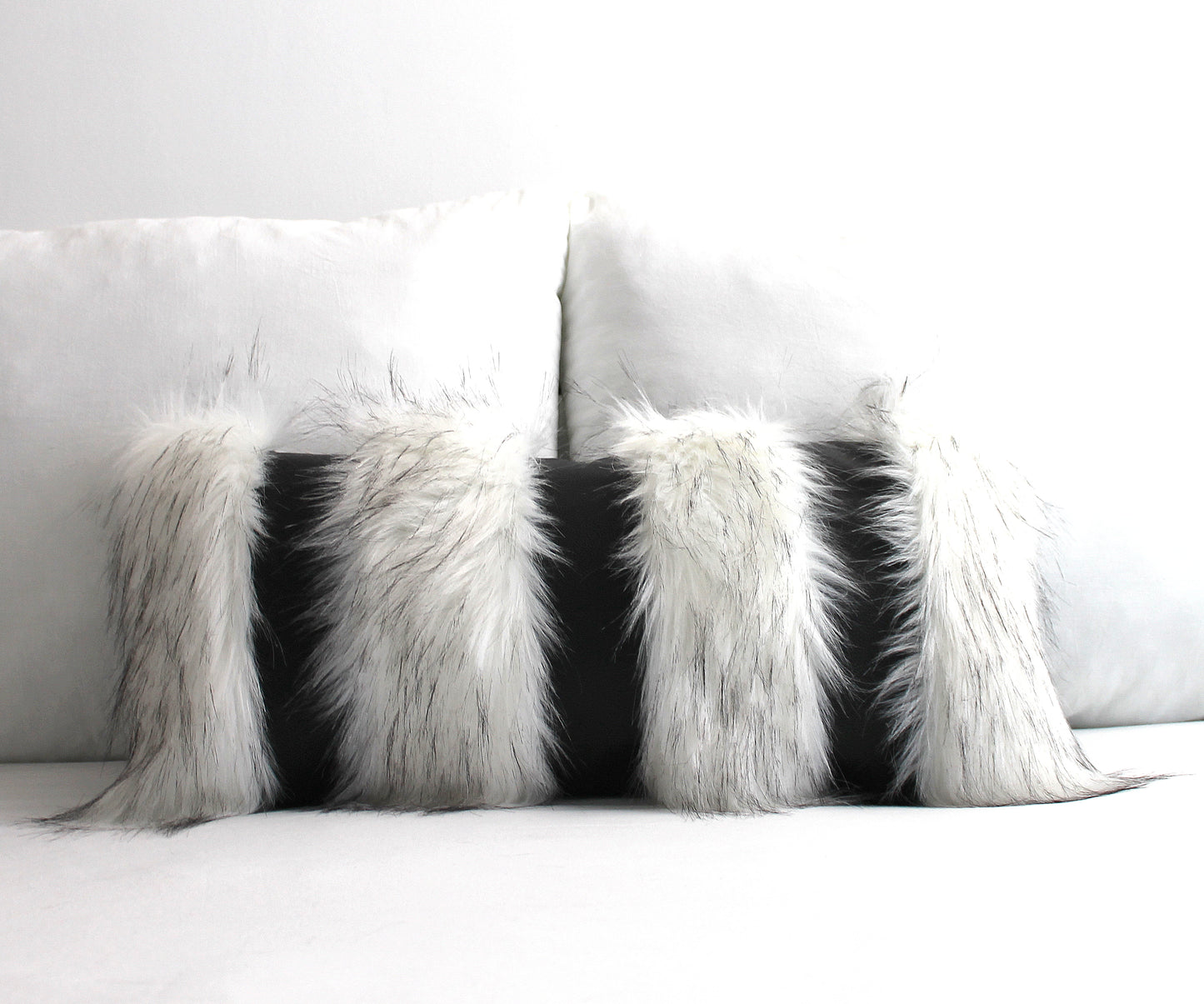 Snow Fox and Black Textured Faux Fur / Faux Leather Pillow Cover